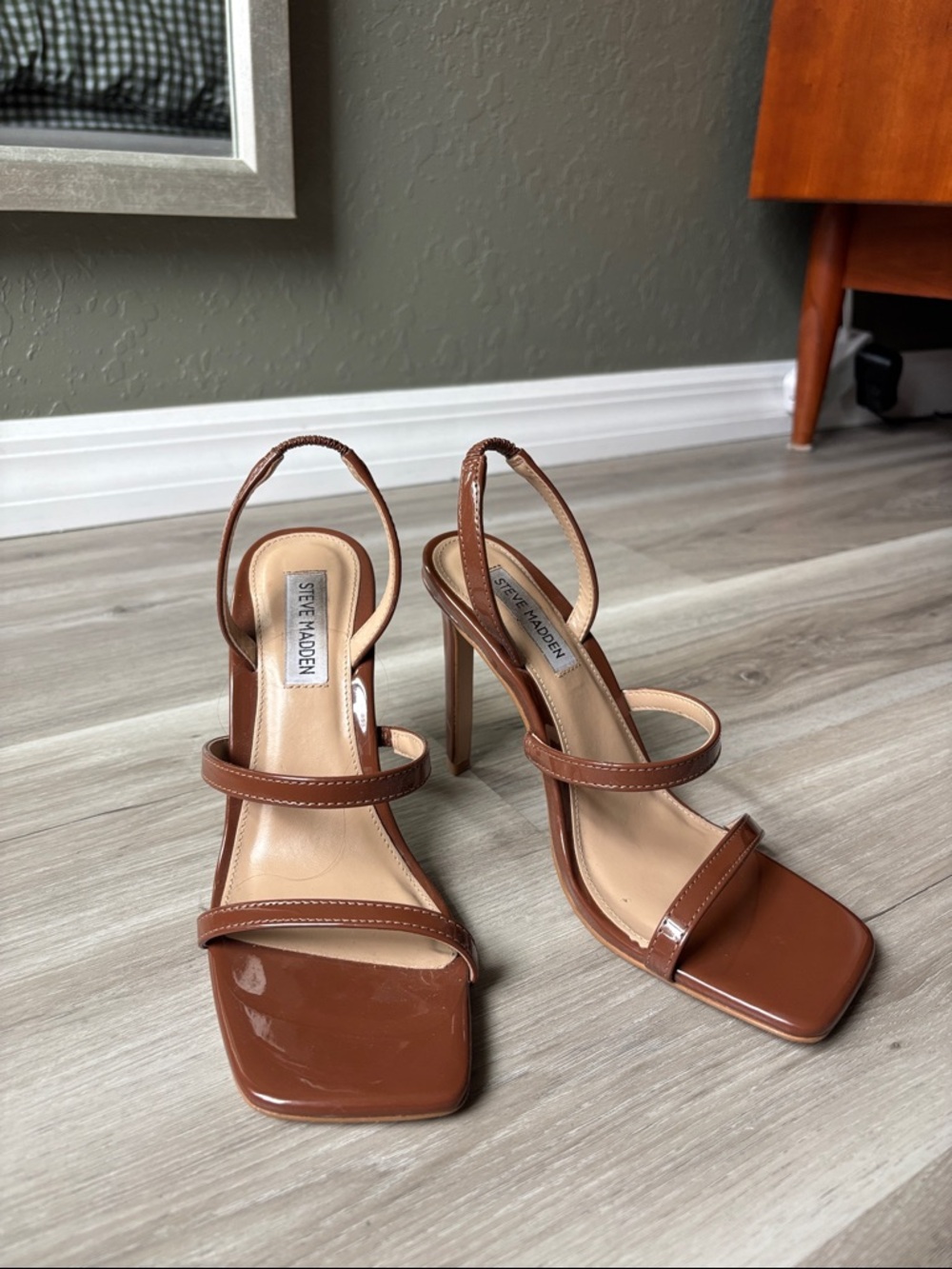 Steve Madden Brown Patent Square-Toe Strappy Heels